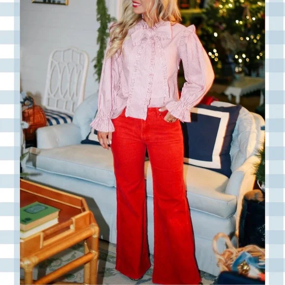 Elizabeth Wilson Pink Striped Ruffle Bow-Front Button Down Blouse - Women - Picture 3 of 3